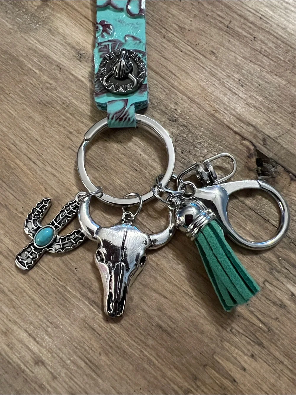 3/$18 Turquoise Western Charm Keychain Wristlet with Skull and Cactus Lot 2144